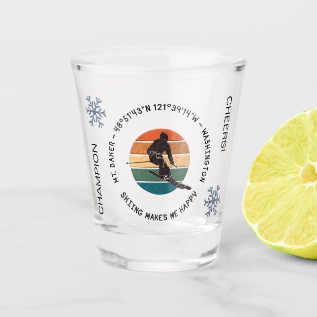 Ski Mt. Baker, Washington - Man Skier, Black Text Shot Glass (Front)