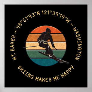 Ski Mt. Baker, Washington - Man Skier, Yellow Text Poster