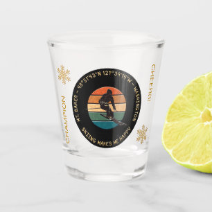 Ski Mt. Baker, Washington - Man Skier, Yellow Text Shot Glass