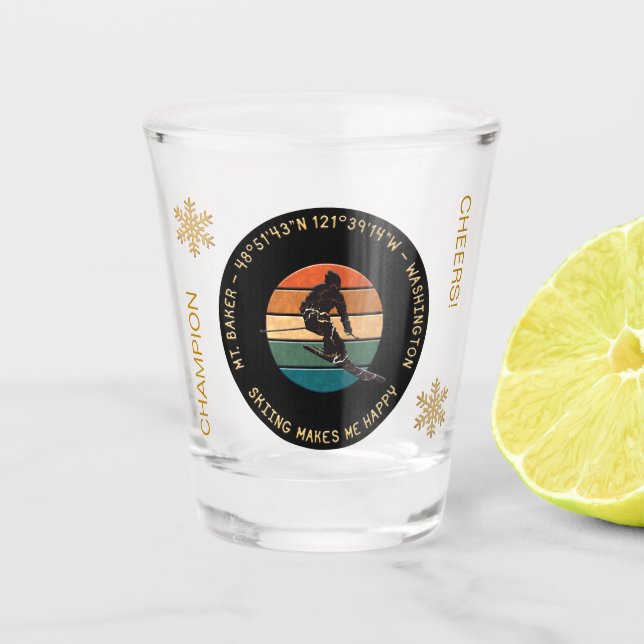 Ski Mt. Baker, Washington - Man Skier, Yellow Text Shot Glass (Front)