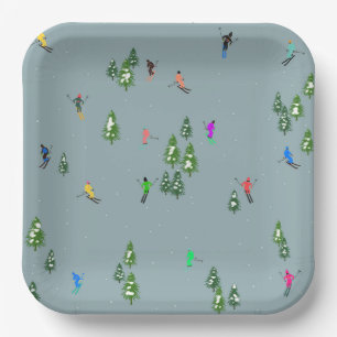 Ski Opening Christmas Skiing Holiday Skiers Blue  Paper Plate