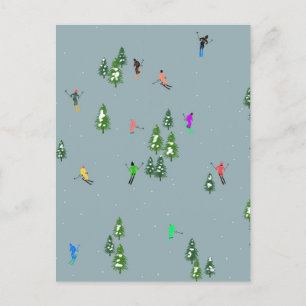 Ski Opening Christmas Skiing Holiday Skiers Blue  Postcard
