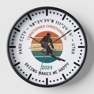 Ski Park City, Utah - Man Skier, Black Text Clock