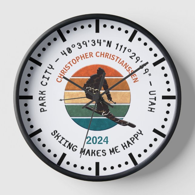 Ski Park City, Utah - Man Skier, Black Text Clock (Front)