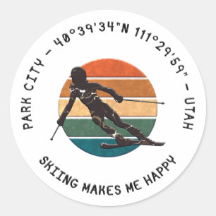 Ski Park City, Utah - Woman Skier, Black Text Classic Round Sticker
