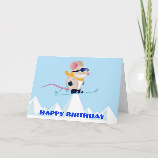 Ski Patrol Mouse in the Alps Birthday Card (Front)