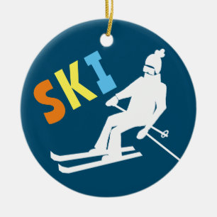 Ski Retro Skier Winter Blue White    Ceramic Ornament