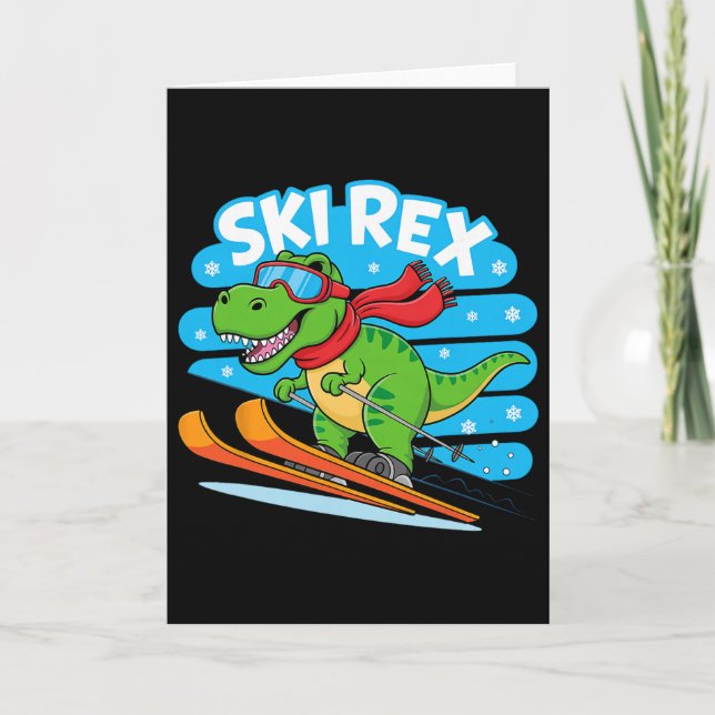 Ski Rex Funny Skiing Dinosaur Winter Sports Design Card (Front)