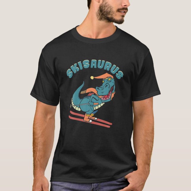 Ski Saurus Dinosaur Skiing Rex With Hat And Scarf T-Shirt (Front)