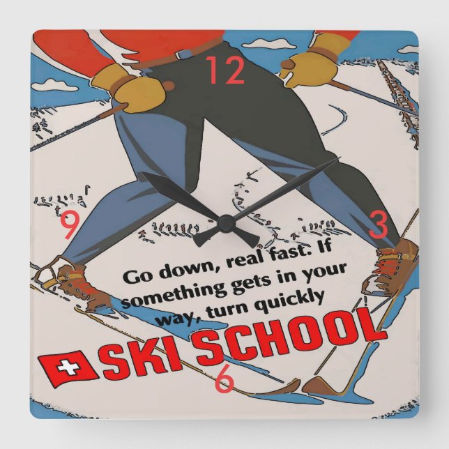 Ski School Funny Square Wall Clock (Front)