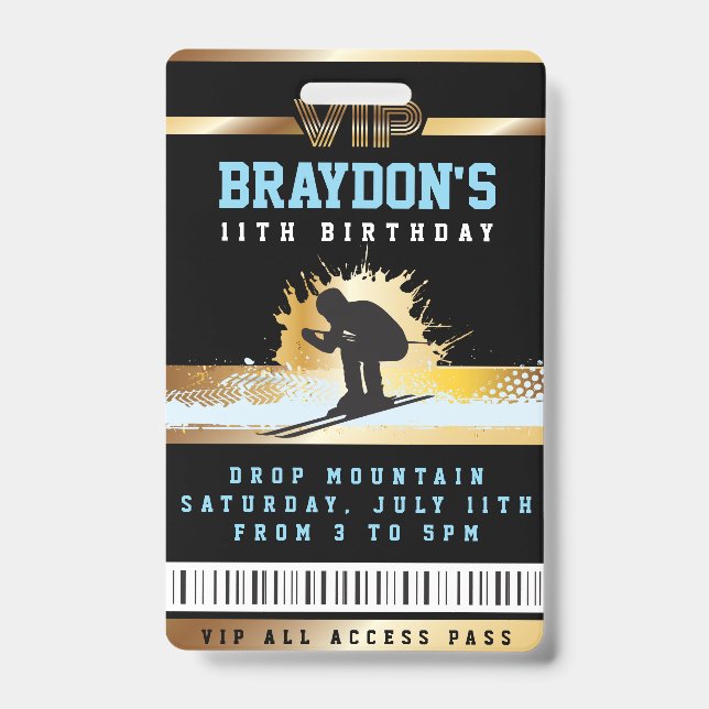 SKI SKIER MOUNTAIN Birthday ALL ACCESS Gold Pass ID Badge (Front)