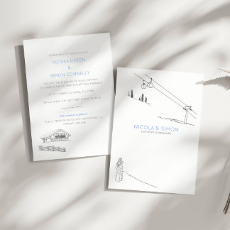 Ski Slopes Cable Cars Couple In Love Mountaintops  Invitation