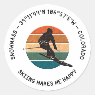 Ski Snowmass, Colorado - Man Skier, Black Text Classic Round Sticker