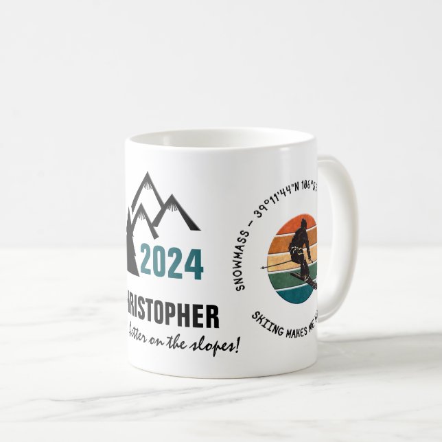 Ski Snowmass, Colorado - Man Skier, Black Text Coffee Mug (Front Right)