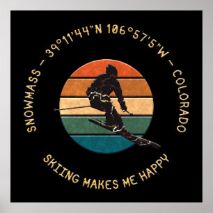 Ski Snowmass, Colorado - Man Skier, Yellow Text Poster