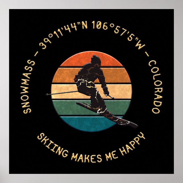 Ski Snowmass, Colorado - Man Skier, Yellow Text Poster (Front)