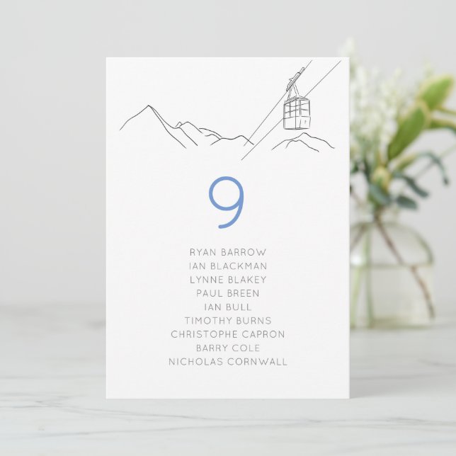 Ski Snowy Cable Car Wedding Seating Chart Card (Standing Front)