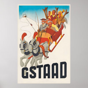 Ski Switzerland Gstaad Swiss Alps Vintage Travel Poster
