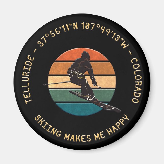 Ski Telluride, Colorado - Man Skier, Yellow Text Magnet (Front)
