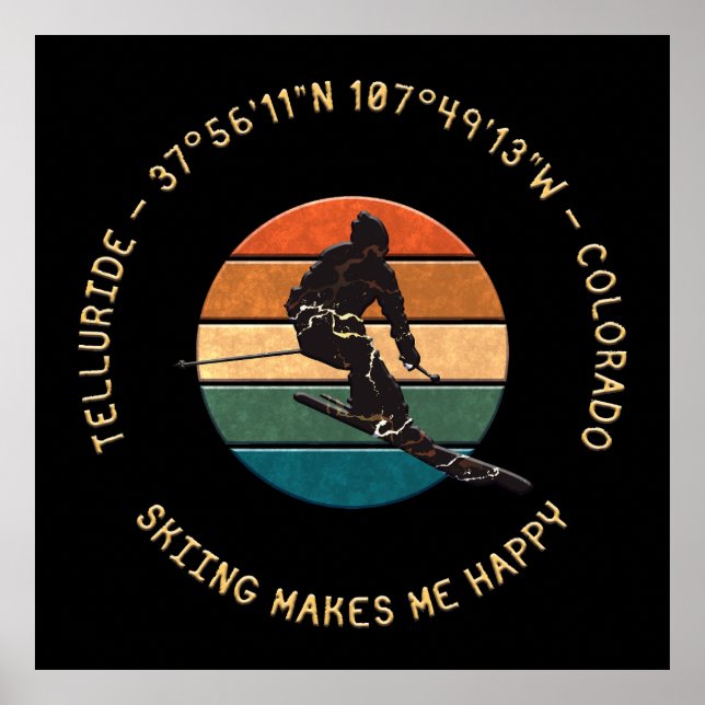Ski Telluride, Colorado - Man Skier, Yellow Text Poster (Front)