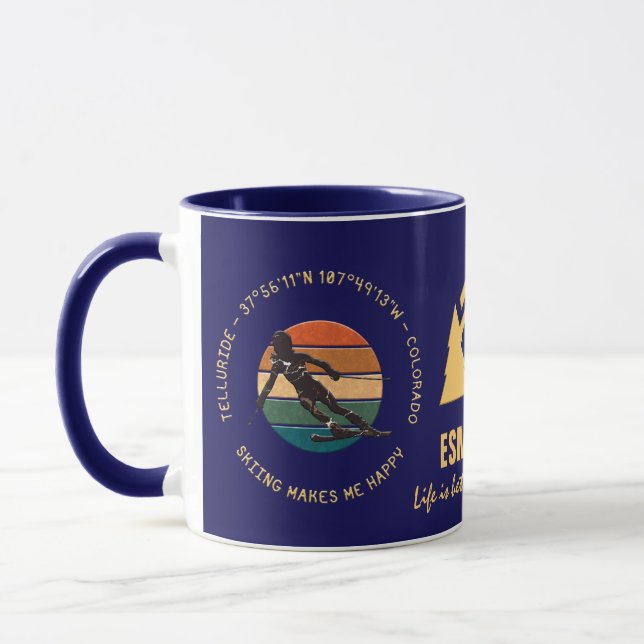 Ski Telluride, Colorado - Woman Skier, Yellow Text Mug (Left)