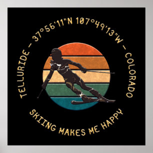 Ski Telluride, Colorado - Woman Skier, Yellow Text Poster