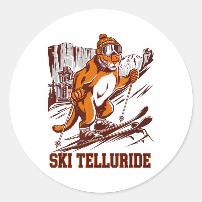 Ski Telluride Mountain Lion Skiing Adventure Graph Classic Round Sticker (Front)