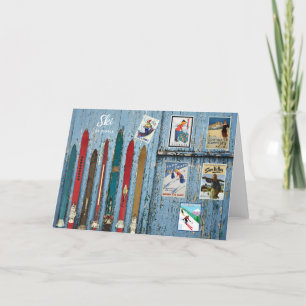 Ski The World Colourful Vintage Wood Skis Holiday Card