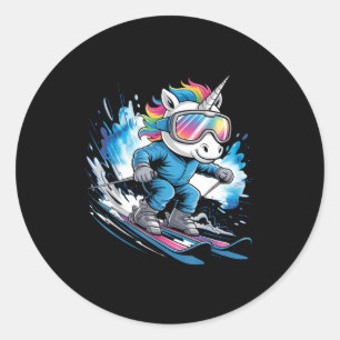 Ski unicorn winter sport skier funny skiing classic round sticker
