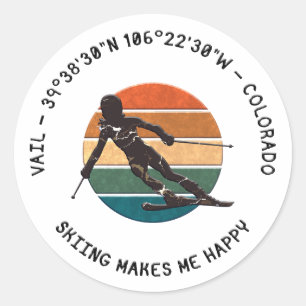 Ski Vail, Colorado - Woman Skier, Black Text Classic Round Sticker
