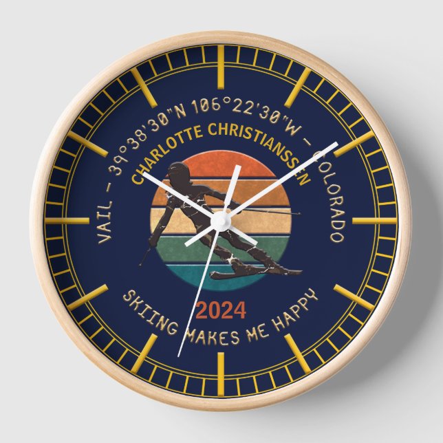 Ski Vail, Colorado - Woman Skier, Golden Text Clock (Front)