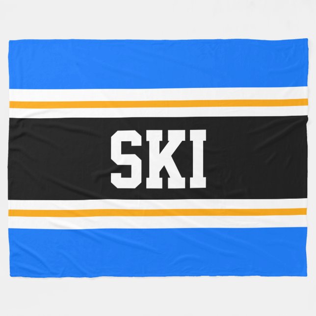 SKI Wide Bright Blue Black Yellow Racing Stripes Fleece Blanket (Front (Horizontal))