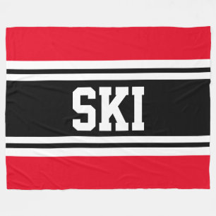 SKI Wide Bright Red Black White Racing Stripes Fleece Blanket
