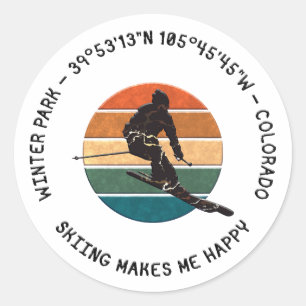 Ski Winter Park, Colorado - Man Skier, Black Text Classic Round Sticker