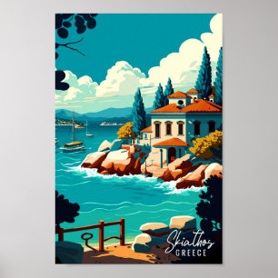 Skiathos Greece Art vintage travel illustration Poster