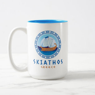 Skiathos, Greece Greek Ship Design Two-Tone Coffee Mug