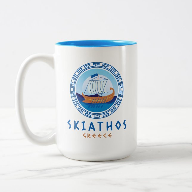 Skiathos, Greece Greek Ship Design Two-Tone Coffee Mug (Left)