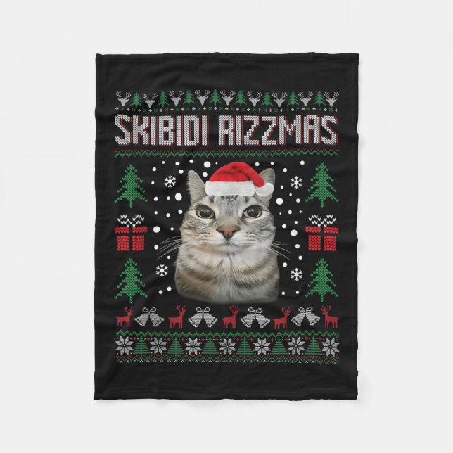 Skibidi Rizzmas Funny Silly Staring Cat Ugly Sweat Fleece Blanket (Front)