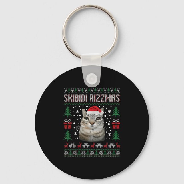 Skibidi Rizzmas Funny Silly Staring Cat Ugly Sweat Key Ring (Front)