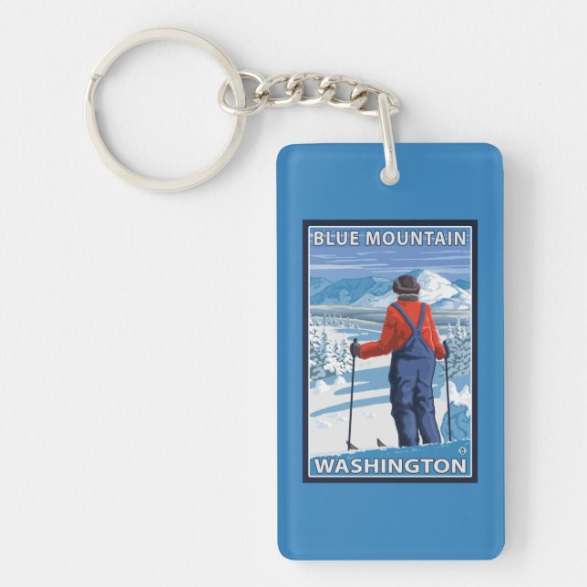 Skier Admiring - Blue Mountain, Washington Key Ring (Front)