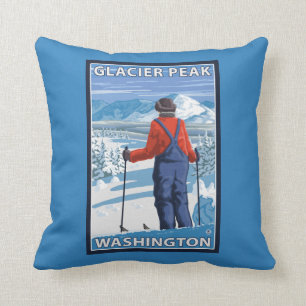 Skier Admiring - Glacier Peak, Washington Cushion
