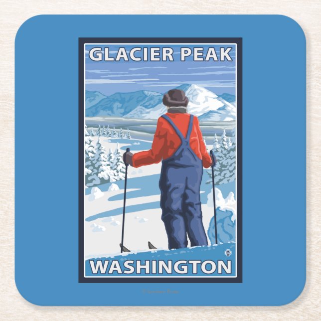 Skier Admiring - Glacier Peak, Washington Square Paper Coaster (Front)