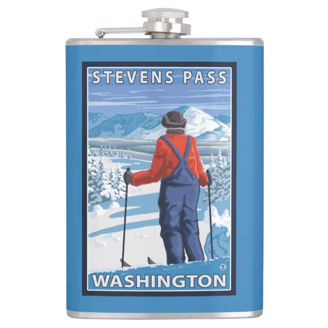 Skier Admiring - Stevens Pass, Washington Hip Flask (Front)