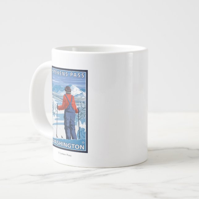Skier Admiring - Stevens Pass, Washington Large Coffee Mug (Front Left)