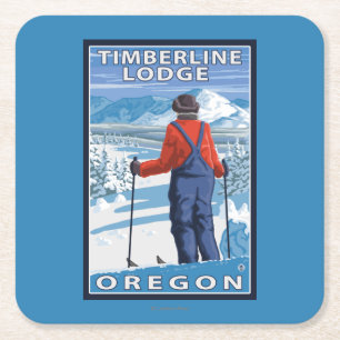 Skier Admiring - Timberline Lodge, Oregon Square Paper Coaster