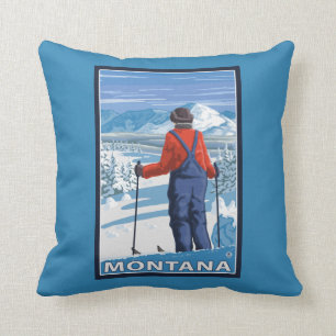 Skier AdmiringMontanaVintage Travel Poster Cushion
