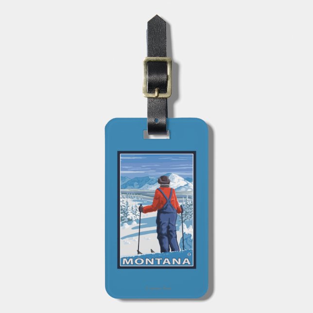 Skier AdmiringMontanaVintage Travel Poster Luggage Tag (Front Vertical)