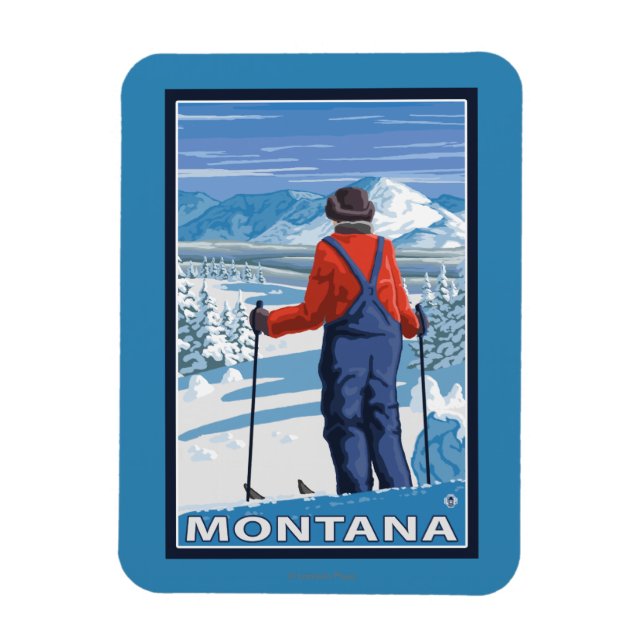 Skier AdmiringMontanaVintage Travel Poster Magnet (Vertical)