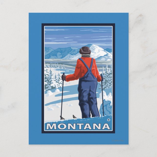 Skier AdmiringMontanaVintage Travel Poster Postcard (Front)