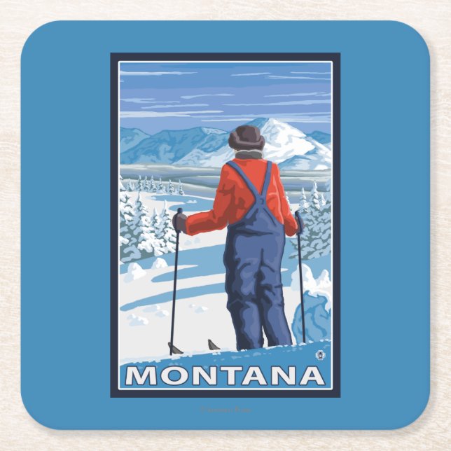 Skier AdmiringMontanaVintage Travel Poster Square Paper Coaster (Front)